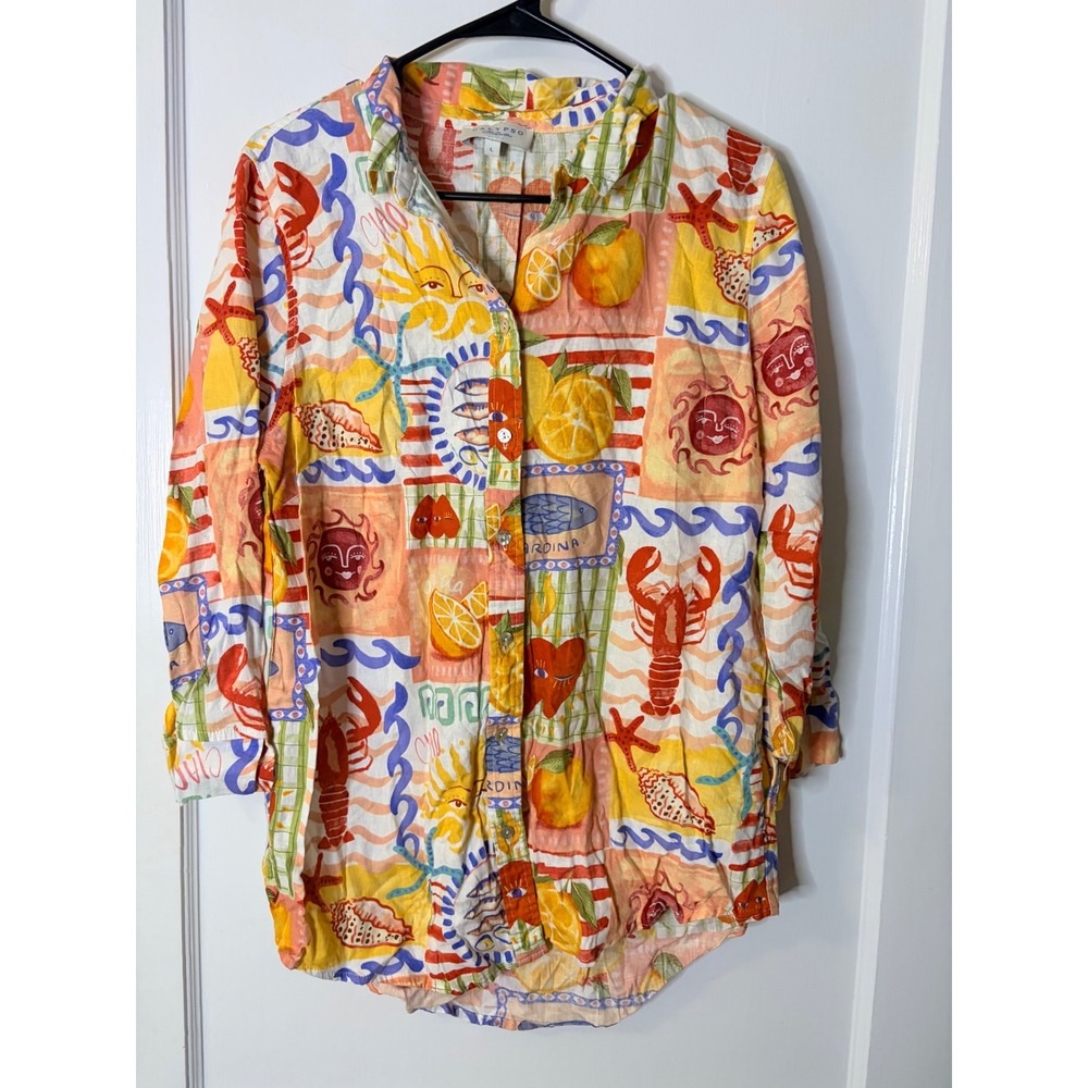 Calypso St Barth Linen Blend Lobster Citrus Novelty Print Button Down Shirt L